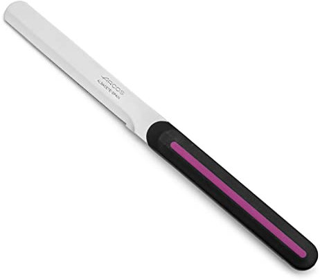 Arcos Serie Cuchillos de Mesa Caja 36 uds Cuchillo Mesa, Hoja Serrada de Acero Inoxidable NITRUM de 100 mm, Mango Polipropileno Color negro y fucsia (36 UDS)