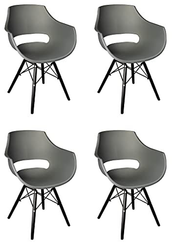 SAM 4er Set Schalenstuhl Lea, Grau, ergonomisch geformte Sitzschale aus Kunststoff, bequemer Esszimmerstuhl im Retro-Design, schwarzes Holzgestell