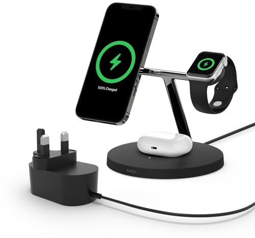 Belkin BoostCharge PRO 3-in-1 Wireless Charger with MagSafe for iPhone 14, iPhone 13, iPhone 12 + Apple Watch + AirPods (Magnetically Charges iPhone Models up to 15W)