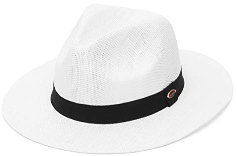 GEMVIE Sombrero Panama para hombre y mujer, ala ancha, sombrero de paja, sombrero fedora con cinta de grogrén, sombrero de bogart, sombrero de verano para el sol, Blanco, M