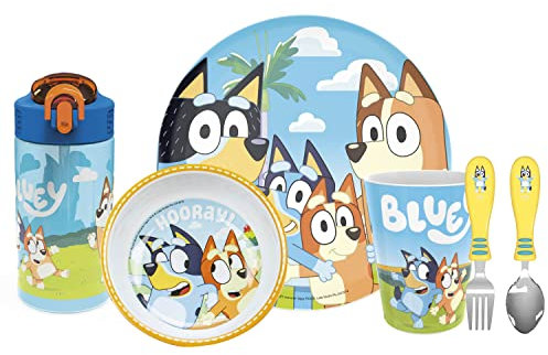 Zak Designs Bluey Kids - Juego de vajilla para niños incluye plato, cuenco, vaso, botella de agua y vajilla, hecha de material duradero y perfecta para niños (juego de regalo de 6 piezas, sin BPA)