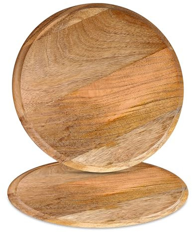 Alpha Living Home Servierteller aus Holz, rund, rustikal, für Sandwiches, Salat, Fingerfood, Käse, Burger, Vorspeisen, 2 Stück, Maße: 33 cm, natürlich