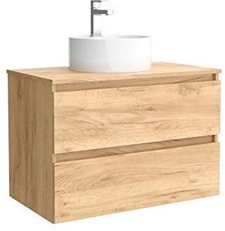 Salgar Mueble de baño Bequia 80 cm con Lavabo 100% montado de fábrica | Acabado Roble suspendido 2 cajones Cierre amortiguado Apertura con uñero | Lavabo sobre encimera
