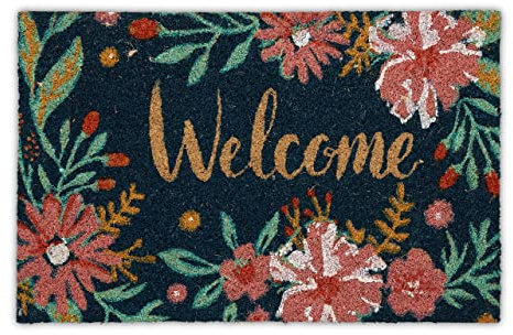 Relaxdays Fußmatte Kokos, rutschfeste Türmatte, 60 x 40 cm, Welcome-Schriftzug & Blumen, Türvorleger innen & außen, bunt