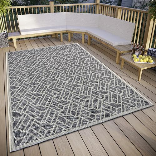 Hanse Home Eru In- & Outdoor Teppich Wetterfest – Modernes Zickzack Muster, Wasserfest robuster Aussenteppich Flachgewebe für Garten, Balkon, Terrasse, Wohnzimmer – Grau Beige, 115x170cm