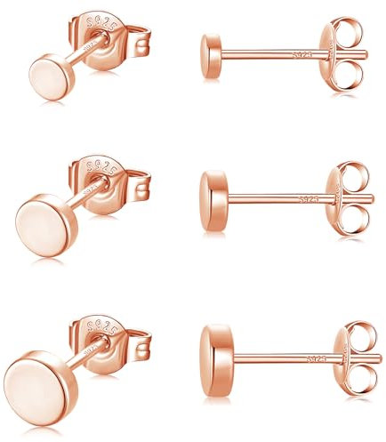 GULICX 3 Paar Silber Rosegold Ohrstecker für Damen Herren Mädchen, Hypoallergen 925 Stering Silber Klein Rund Flach Ohrringe Set, Unisex Kleine Scheibe Sleeper Knorpel Tragus Ohrstecker, 3/4/5mm