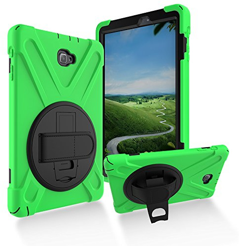 Juaupepo Coque robuste pour Samsung Galaxy Tab A 10,1 avec S Pen-2016 (SM-P580 P585), coque hybride portable anti-chocs avec poignée auto-agrippante rotative à 360°, bandoulière (vert)