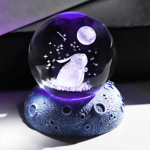 3D Crystal Ball Engraved Rabbit and Moon with Night Lights, 6cm/2.36 in. Glass Globe Figurines Gifts with Space Base for Women Daughter, Collectible Ornaments for Home Keepsake for Her Mum