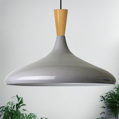 bamyum Champion Pendelleuchte aus Holz, 35 cm Hängelampe Metall E27 Moderne Esstisch Lampe, Skandinavisch Pendellampe für Schlafzimmer Wohnzimmer Küche Esstisch, Küchenlampe Hängend Grau