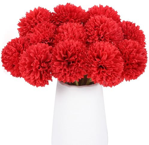 Rowfad Künstliche Chrysanthemen, Seide, rote Kugelblumen, künstliche Mütter, Blumen für Weihnachten, Hochzeit, Tischdekoration, Heimdekoration, 12 Stück (12, rot)