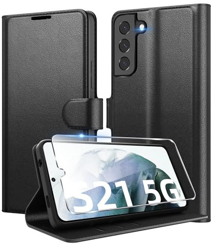 Eirltiy Handyhülle für Samsung Galaxy S21 5G Hülle Premium PU Leder, Wallet Kartenfach Standfunktion Schutzhülle Stoßfeste Klapphülle Flip Case mit 1 Schutzfolie Schwarz