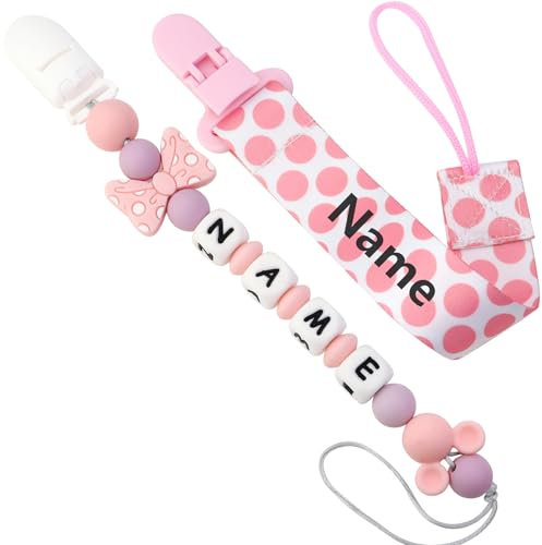 Schnullerkette Aus, Personalisierte Schnullerkette Mädchen und Mit Namen Junge, Geeignet für Baby, personalisiertem Hält Schnuller Sauber, Hohe Robustheit, Mandel Grün Blau (Pink-2)
