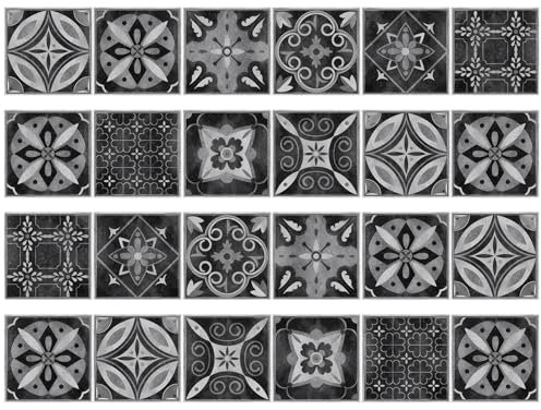Vintage Wall Paper 24 pezzi piastrelle marocchine adesivi da parete per casa, soggiorno, bagno, decorazione nero, 10 × 10 cm