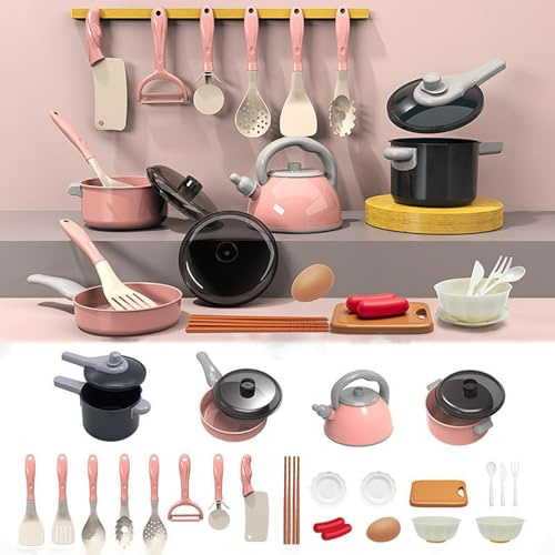 28Pcs Kids Pretend Play Kitchen Toys Set, Toddlers Pretend Cooking Playset Acccessories with Pots Pans, Utensils Cookware, Foods, Canned Veges, Learning Gift for Kids Girls Boys