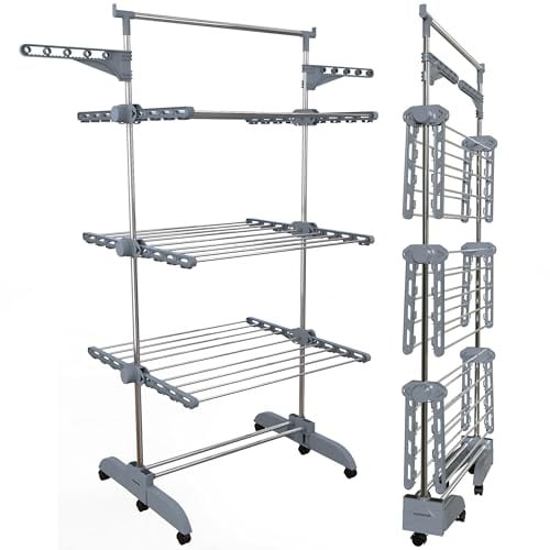 PORTENTUM Wäscheständer Turm klappbar 14 cm mit 5 Ebenen und 58 Haken für Kleiderbügel – Bis 40 kg – ständer mit 24 Edelstahlstangen – Für Innen- und Außenbereich – Rollen mit Feststellbremse