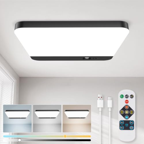 Rechargeable LED Ceiling Light Indoor - 6000mAh Battery Operated Bathroom Light with Remote 3 Colour Temperatures, Motion Sensor, Magnetic Mount, Wireless Ceiling Lamp for Garage Hallway Stair(Black)