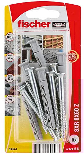 Fischer, Tasselli prolungati SXR 8x60 Z K con vite per Facciate, Soffitti in Legno e Metallo, Serramenti, Porte e Cancelli