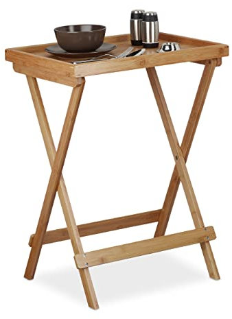 Relaxdays Tabletttisch Bambus H x B x T: ca. 66 x 50 x 38,5 cm Beistelltisch mit Tablett für Frühstück, Klapptisch als Serviertisch, Serviertablett, natur