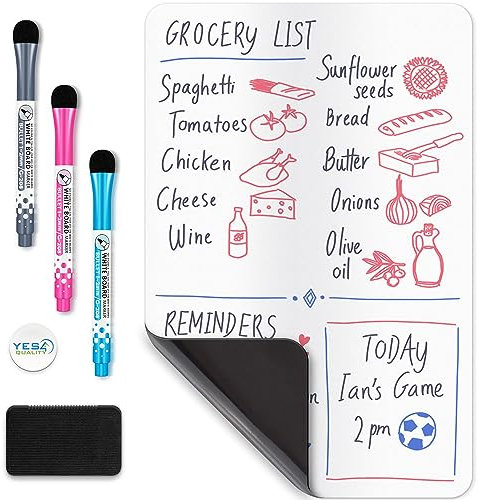 Magnetic Dry Erase Whiteboard Sheet for Fridge - A4 / 12x8 / 30x20cm - Stain-Resistant w/ 3 Markers & Big Eraser with Magnets - Small Refrigerator White Board Planner & Organiser - by Yes4Quality