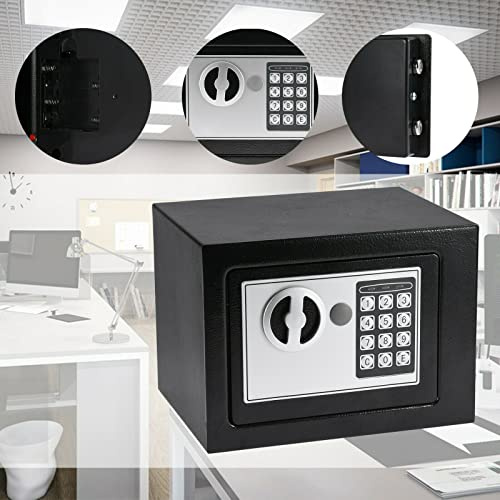 4.6L Money Jewelry Important Items Safety Box 23cm x 17cm x 17cm for Home Office Hotel Steel Construction Safe Box with Keys & Electronic Digital Pin Number Code Locking (Black)