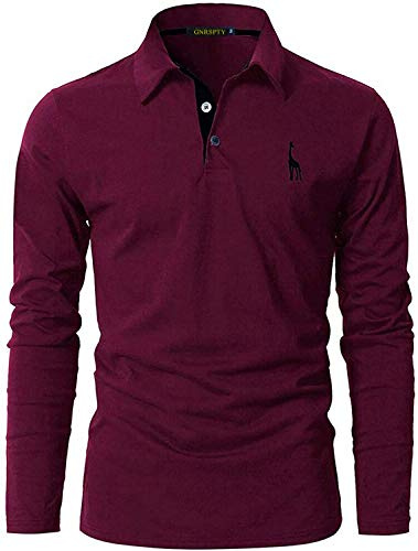 GNRSPTY Mens Polo Long Sleeve Shirt Cotton Golf Giraffe Tops,Red Wine,M