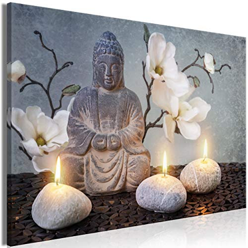 decomonkey Bilder Buddha Grau 120x80 cm 1 Teilig Leinwandbilder Bild auf Leinwand Vlies Wandbild Kunstdruck Wanddeko Wand Wohnzimmer Wanddekoration Deko Blumen Stein Feuer