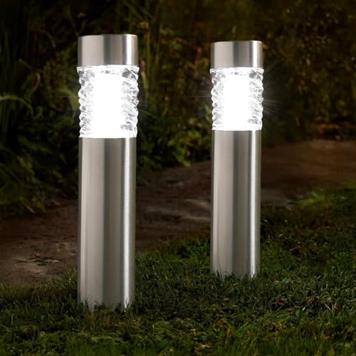 Garden Mile 2er Set 10L Wave Poller Solar Gartenleuchten Außenbeleuchtung Edelstahl Solar Pfahl Lichter für Auffahrt Weg Beleuchtung Ideal für Blumenbeete Bordüren Terrasse Rasen