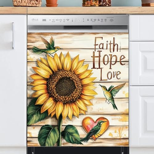 MLGB Farmhouse Sonnenblume Geschirrspüler Türabdeckung Blatt magnetisch Glaube Hoffnung Liebe Vinyl Aufkleber für Spülmaschine Kühlschrank Magnet Abdeckplatten magnetisch 58,4 x 66 cm