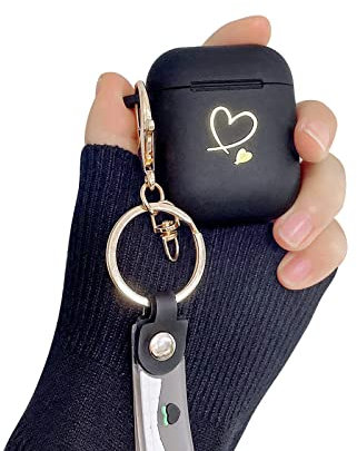 Fycyko Kompatibel mit Airpods 2 Hülle und Airpods 1 Case Golden Herz Muster Cover mit Schlüsselanhänger AirPods Schutzhülle für Mädchen Frau Hülle für Airpods 2 & 1-Schwarz