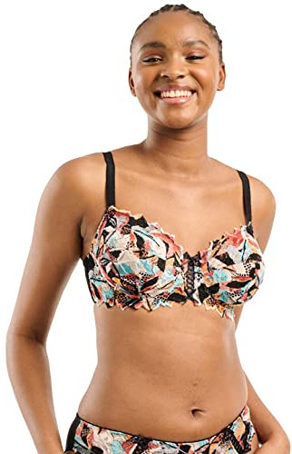 Sans Complexe Soutien Gorge Emboitant avec Armatures, Modèle Arum Mosaïc, Dentelle Florale avec imprimé Multicolore, Jeux de laçages féminins à l'entre-Seins, Imprime Graphic Noir & Multico, 100D