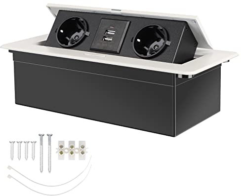 CPROSP Prise Encastrable Plan de Travail Blanc, Multiprise Plan de Travail Cuisine avec 2 Prises +2USB