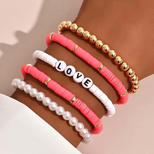 Bufenia Set di braccialetti colorati con perline Bracciali Heishi Bracciali elasticizzati Boho Bracciale surfista fatto a mano Gioielli a mano per donne e ragazze (Rosa rossa)