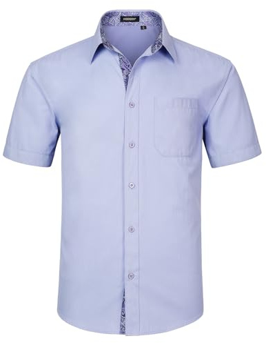 HISDERN Mens Short Sleeve Dress Shirts Formal Casual Regular Fit Shirt Button Down Business Office Purple Shirts with Chest Pocket,XL