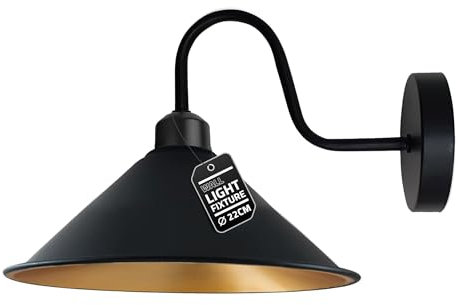 LEDSone Vintage-Wandleuchte, Vintage-Wandlampe, E27-Sockel, Schraubsockel, industrielle Wandmontage, Schwanenhals, kegelförmiger Schirm, Wandleuchte [Energieklasse A] (Black) (Schwarzes Innengold)