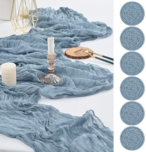 6 Stück Käsetuch Tischläufer 90 x 300 cm Staubiges Blau Gaze Käse Tuch Tischläufer, Rustikaler Boho Cheesecloth Tischläufer, Waschbar Tüll Stoff Tischläufer für Hochzeit Bankett Dekoration