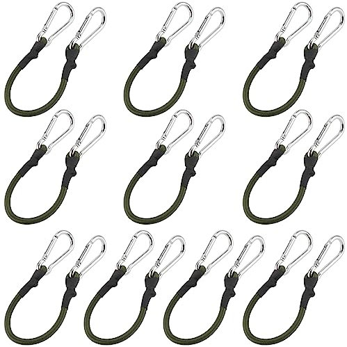 FUNSUEI 10 PCS 30cm Bungee Cords with Carabiner Clips, Elastic Bungee Rope with Hooks, Dark Green Short Bungee Cord for Luggage, Traveling, Camping