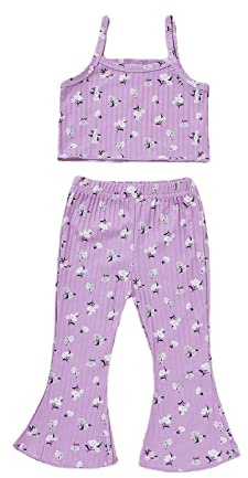 L9WEI Maglia Ragazza 14 Anni Toddler Kids Neonate Vestiti Summer Strap Short T Shirt Top Pantaloni Svasati Floreali Bell Bottoms Set di Abiti Casual Gonna Salopette Bambina