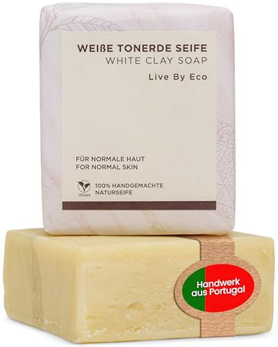 Live By Eco Weiße Tonerde Seife - Tonerde mit Kaolin für sanftes Peeling - White Clay für Skincare - nachhaltige Kaolin Clay Seife - handgemachte Naturseife - vegane Gesichtsreinigung Kaolin - 100g