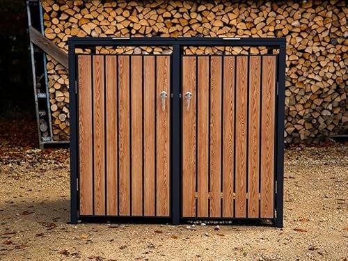 Double Wheelie Bin Steel Storage with Soft Close Lid - Outdoor Trash Can Storage - Teak Wood Effect - Size 80D x 132W x 116H centimetres