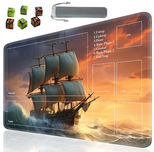 SOTWONSO Brettspiel TCG Playmat Tischmatten Spiele Größe 60 x 35 cm Mauspad kompatibel für MTG RPG CCG Sammelkartenspiel Spielmatten mit 6 Würfeln (Spielmatte mit Zone 65) Piratenschiff
