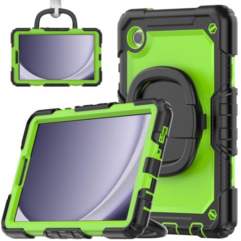 Wigento Für Samsung Galaxy Tab A9 aufstellbare Outdoor Hybrid 360 Grad Tasche mit Schultergurt Grün/Schwarz