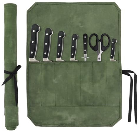 Oemmn Messertasche kochmesser，Koch Messer Roll Bag mit 7 Steckplätzen Gewachstes Canvas Kochmesser Messertasche für Wandern und Camping（grün）