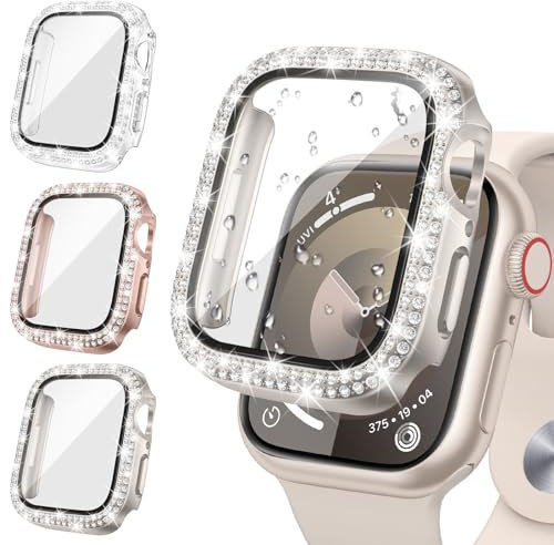 Neitra 3 Pezzi Brillantini Cover per Apple Watch Series 9/8/7 41MM, Antiurto Bumper Case, Custodia Protettiva Rigida PC Integrata in Vetro Temperato HD, Cover Protettiva Bling per le Donne Ragazze