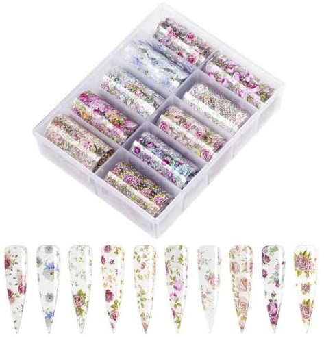GIVBRO 10 Rollen Nagelfolien-Transferaufkleber, Blumenmuster, Nagelkunst-Klebeaufkleber, Nagelkunst-Aufkleber, Wraps, Maniküre, DIY-Dekoration (#E)