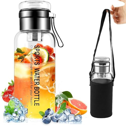 LPAMABA Bouteille Infuseur à Thé 1 Litre, Bouteille D'eau en Verre Borosilicate Gourde Infuseur avec Filtre Inox Bouteille de Thé Bouteille Verre Gourde en Verre pour Thé Parfumé, Thé Aux Fruits