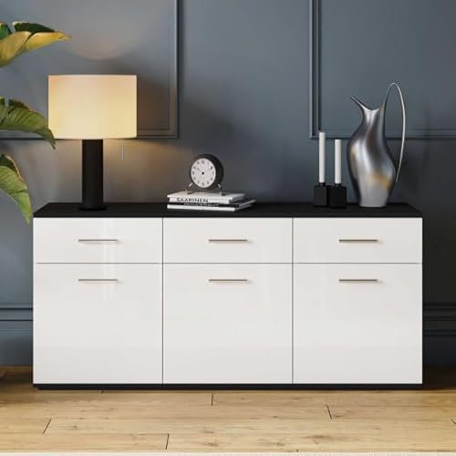 Buffet 3 portes Noir/Blanc laqué - REVE - L 180 x l 47 x H 83 cm