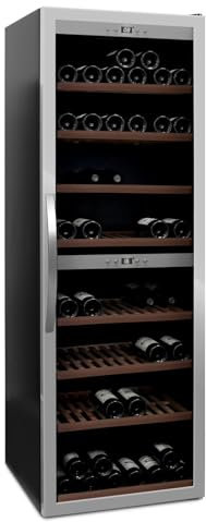 mQuvée Freistehender Weinkühlschrank - WineExpert 180 Stainless, 2 Temperaturzonen, Kapazität 180 Flaschen, Buchenholzregale auf Schienen, UV-geschützte Glastür, zwei Zonen 5-20°C
