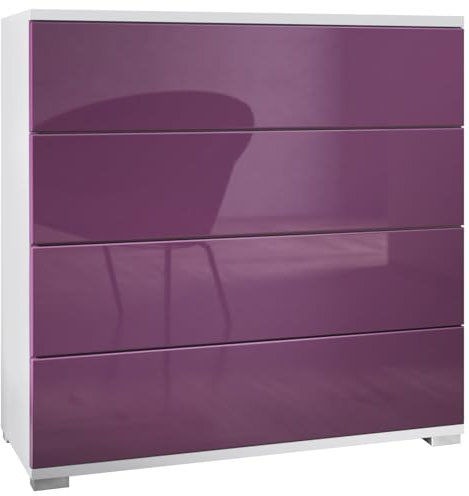 Vladon Kommode Pavos V3, Sideboard mit 4 Schubladen Weiß matt/Brombeer Hochglanz (76 x 76 x 35 cm)