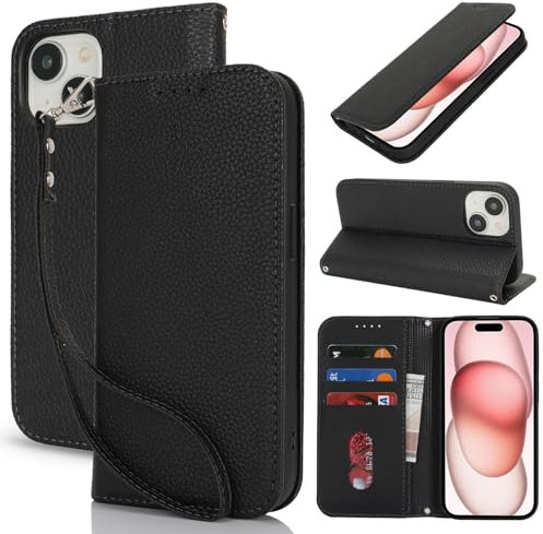 Lipvina Handyhülle für iPhone 15.Premium PU-Leder Handyhülle mit Kartenfach,Standfunktion,RFID-Schutz.Klapphülle und Handytasche aus lederhülle,kompatibel für das iPhone 15,Schwarz