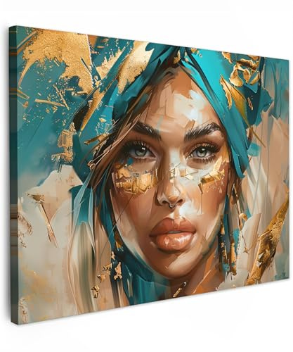 MuchoWow© Bild auf Leinwand Schlafzimmer Bilder Badezimmer Wand Deko | 40x30 cm - Wohnzimmer Modern Wanddeko Bilderwand Geschenk Frau - Porträt - Gold - Luxus - Blau